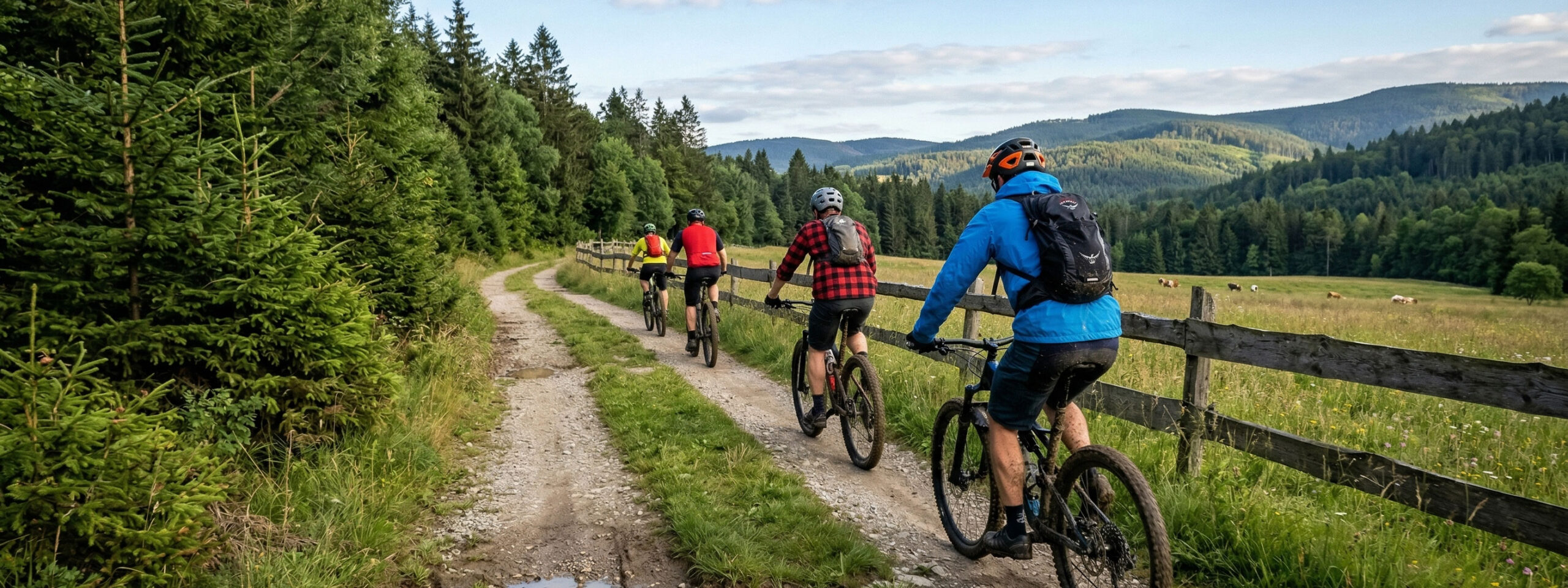 Wanderpaar auf einem Gipfel im Bayerischen Wald mit Blick auf den Nationalpark