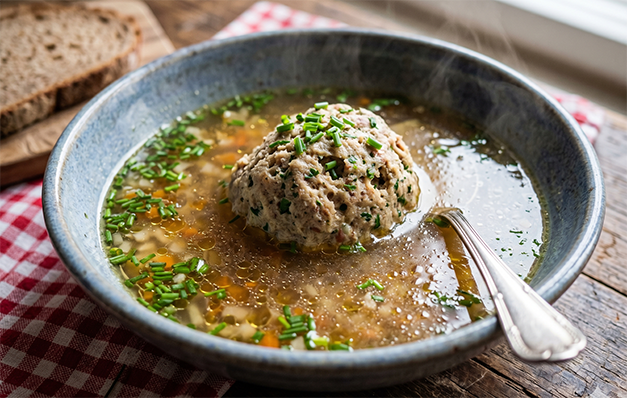 Hausgemachte Menüsuppe mit Rindermarkknochen-Brühe im Wanderhotel Mühle